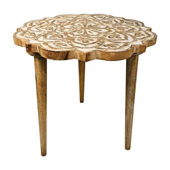 18 Inch Handcrafted Mango Wood Side End Table, Floral Carved Top, Tripod Base, Antique Brown, White