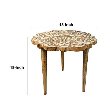 18 Inch Handcrafted Mango Wood Side End Table, Floral Carved Top, Tripod Base, Antique Brown, White