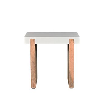 Kerry 20 Inch Rectangular End Side Table, Mango Wood, Sled Base, Glossy White, Natural Brown