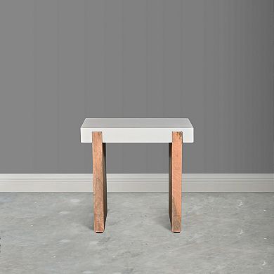 Kerry 20 Inch Rectangular End Side Table, Mango Wood, Sled Base, Glossy White, Natural Brown