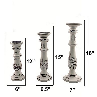 Taki Distressed Mango Wood Pillar Shaped Candle Holder, Set Of 3, White