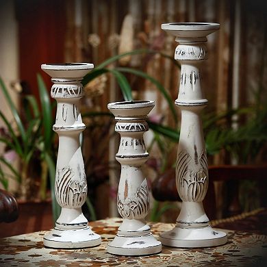 Taki Distressed Mango Wood Pillar Shaped Candle Holder, Set Of 3, White