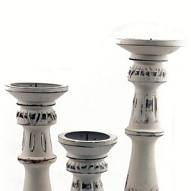 Taki Distressed Mango Wood Pillar Shaped Candle Holder, Set Of 3, White