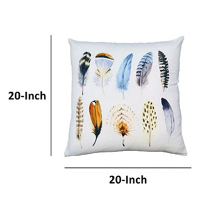 20 x 20 Modern Square Cotton Accent Throw Pillow, Printed Feather Patterned Design, White, Multicolor