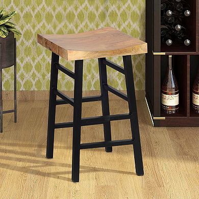 30 Inch Barstool with Saddle Style Wood Seat, Ladder Base, Brown and Black