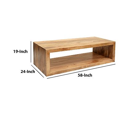 Keli 58 Inch Mango Wood Coffee Table, Open Cube, 1 Shelf, Natural Brown