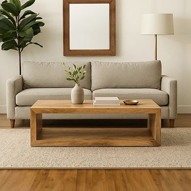 Keli 58 Inch Mango Wood Coffee Table, Open Cube, 1 Shelf, Natural Brown