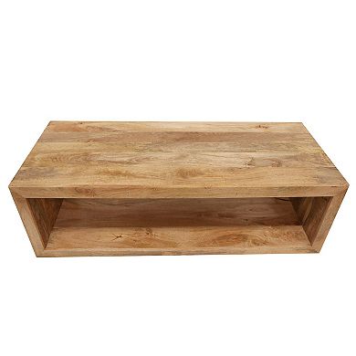 Keli 58 Inch Mango Wood Coffee Table, Open Cube, 1 Shelf, Natural Brown