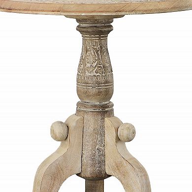 Intricately Carved Round Top Mango Wood Side End Table with Pedestal Base, Brown and White