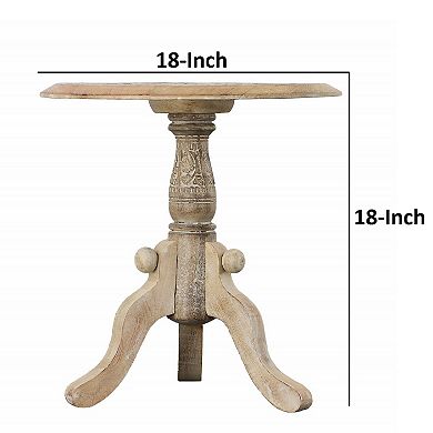 Intricately Carved Round Top Mango Wood Side End Table with Pedestal Base, Brown and White