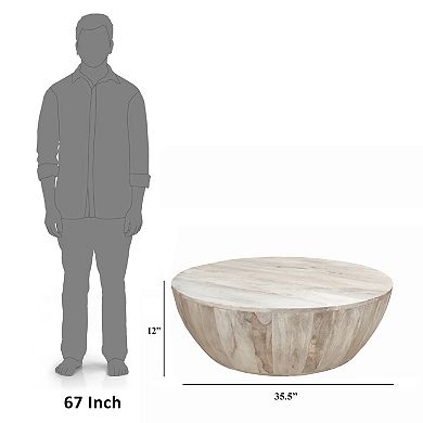 Arthur 35.5 Inch Round Mango Wood Coffee Table, Subtle Grains, Distressed White