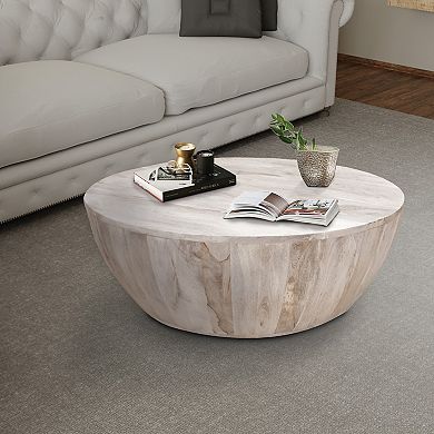 Arthur 12 Inch Round Mango Wood Coffee Table, Subtle Grains, Distressed 