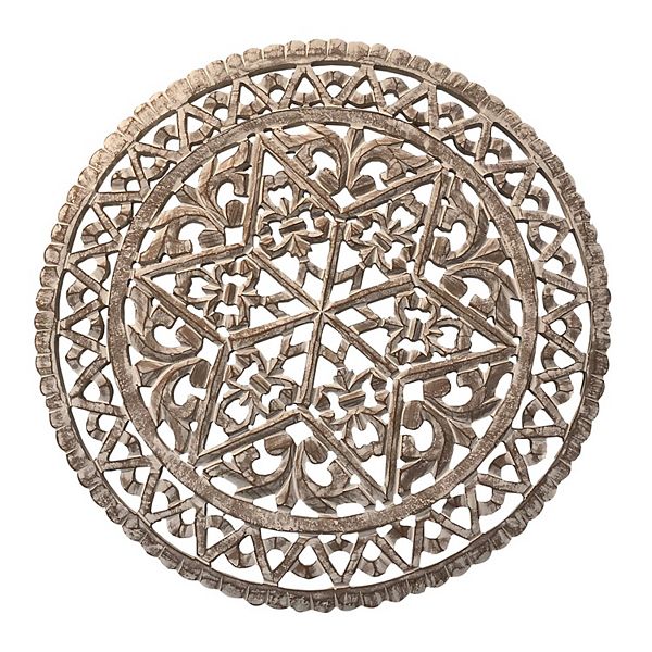 30 Inch Round Wooden Carved Wall Art with Intricate Cutouts, Distressed