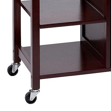 35 Inch Handcrafted Rubberwood Kitchen Island Bar Cart, 3 Shelves, 1 Cabinet, Caster Wheels, Espresso Brown
