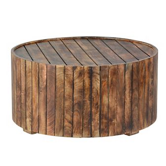 34 Inch Handmade Wooden Round Coffee Table with Plank Design, Burned Brown