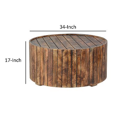 34 Inch Handmade Wooden Round Coffee Table with Plank Design, Burned Brown