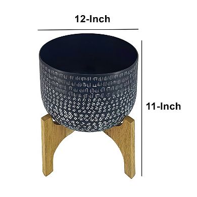 Alex 12 Inch Artisanal Industrial Round Hammered Metal Planter Pot With Wood Stand, Midnight Blue