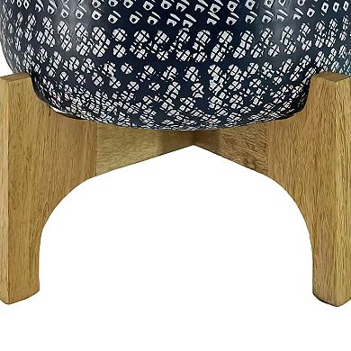 Alex 12 Inch Artisanal Industrial Round Hammered Metal Planter Pot With Wood Stand, Midnight Blue