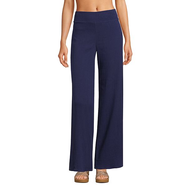 Lands' End Womens Smocked Swim Cover-up Pant Deep Sea Navy Regular X-Small  at  Women's Clothing store