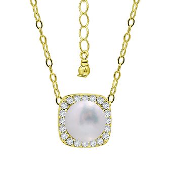 Aleure Precioso Sterling Silver Cubic Zirconia & Freshwater Cultured Pearl Square Pendant Necklace