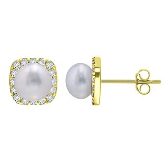 Aleure Precioso Sterling Silver Cubic Zirconia & Freshwater Cultured Pearl Square Stud Earrings