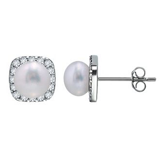 Aleure Precioso Sterling Silver Cubic Zirconia & Freshwater Cultured Pearl Square Stud Earrings