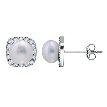 Aleure Precioso Sterling Silver Cubic Zirconia & Freshwater Cultured Pearl Square Stud Earrings
