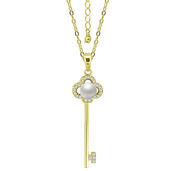 Aleure Precioso Sterling Silver Cubic Zirconia & Freshwater Cultured Pearl Key Pendant Necklace