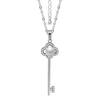Aleure Precioso Sterling Silver Cubic Zirconia & Freshwater Cultured Pearl Key Pendant Necklace