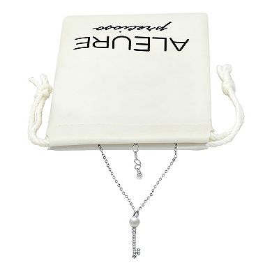Aleure Precioso Sterling Silver Cubic Zirconia Key Pendant with Freshwater Cultured Pearl Top