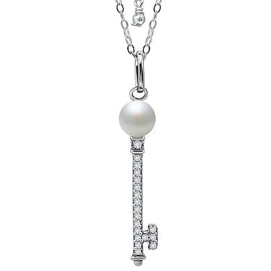 Aleure Precioso Sterling Silver Cubic Zirconia Key Pendant with Freshwater Cultured Pearl Top