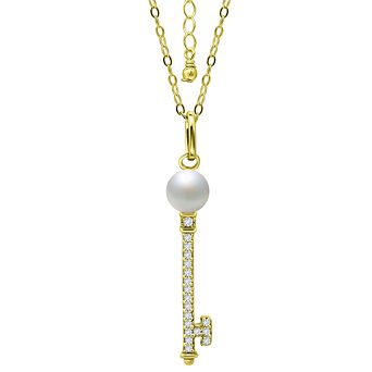 Aleure Precioso Sterling Silver Cubic Zirconia Key Pendant with Freshwater Cultured Pearl Top