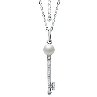 Aleure Precioso Sterling Silver Cubic Zirconia Key Pendant with Freshwater Cultured Pearl Top
