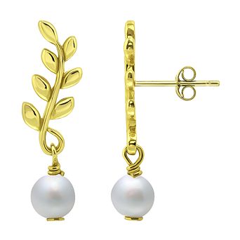 Aleure Precioso 18k Gold Over Silver Leaf & Freshwater Cultured Pearl Drop Earrings