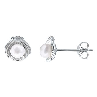 Aleure Precioso Sterling Silver Clam Shell & Freshwater Cultured Pearl Stud Earrings