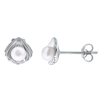Aleure Precioso Sterling Silver Clam Shell & Freshwater Cultured Pearl Stud Earrings