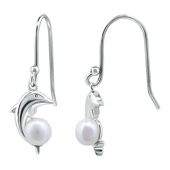 Aleure Precioso Sterling Silver Dolphin & Freshwater Cultured Pearl Drop Fishhook Earrings