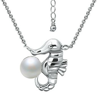 Aleure Precioso Sterling Silver Seahorse & Freshwater Cultured Pearl Pendant Necklace
