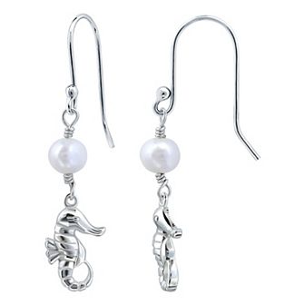 Aleure Precioso Sterling Silver Seahorse & Freshwater Cultured Pearl Drop Earrings