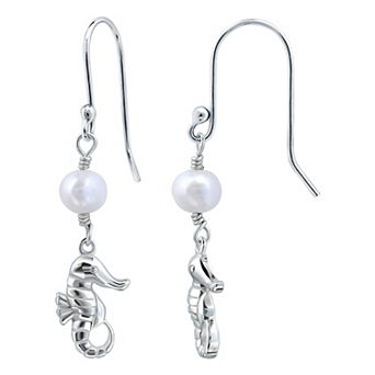 Aleure Precioso Sterling Silver Seahorse & Freshwater Cultured Pearl Drop Earrings
