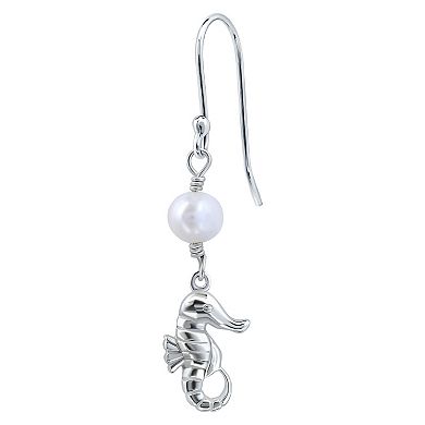 Aleure Precioso Sterling Silver Seahorse & Freshwater Cultured Pearl Drop Earrings