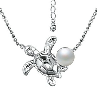 Aleure Precioso Sterling Silver Sea Turtle & Freshwater Cultured Pearl Pendant Necklace