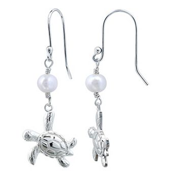 Aleure Precioso Sterling Silver Turtle & Freshwater Cultured Pearl Drop Earrings