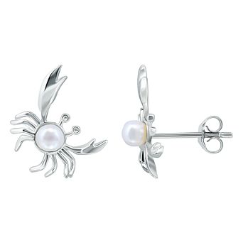 Aleure Precioso Sterling Silver Crab & Freshwater Cultured Pearl Stud Earrings
