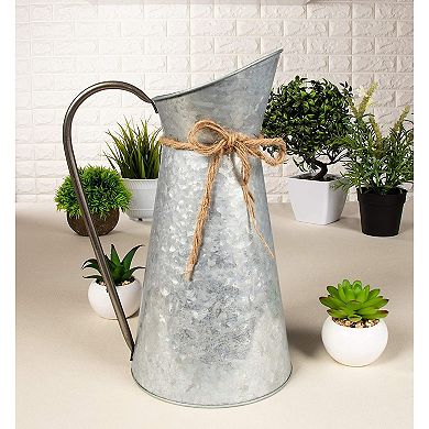 Rustic Galvanized Pitcher Vase with Handle, Watering Can for Farmhouse, Home Decor (12 In)