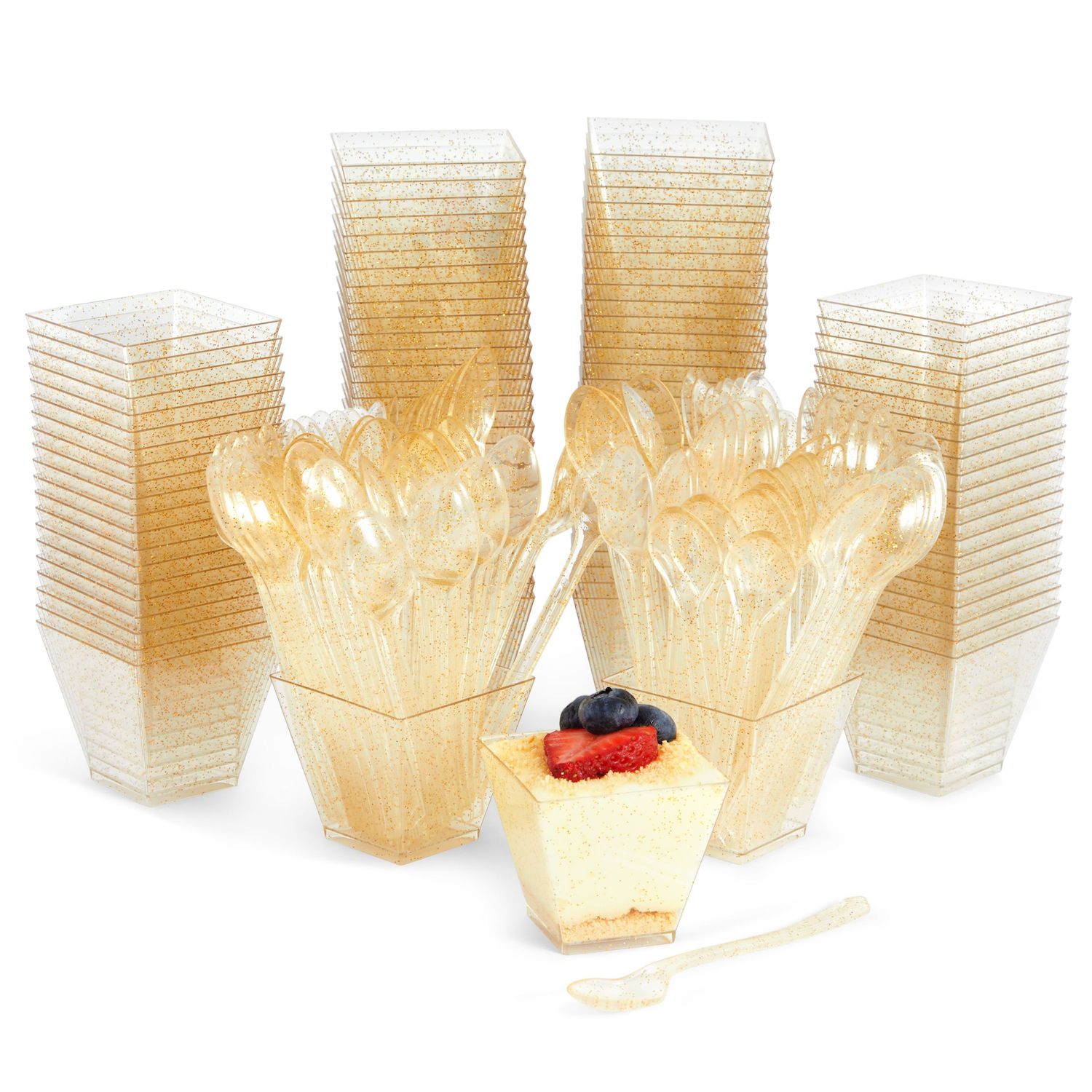 120 Pieces of Gold Glitter Mini Dessert Cups with Spoons, Plastic  Disposable Dessert Cups 3oz for Parfait, Shooters, Mousse, Appetizers,  Samples, Treats, Serves 60