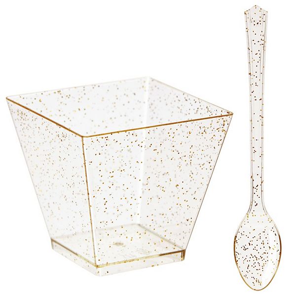 200Pack Gold Glitter Square Dessert Cups with Spoons, 100 Disposable