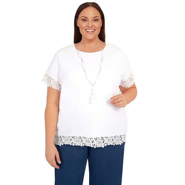 Plus Size Alfred Dunner Lace Trim Top with Necklace