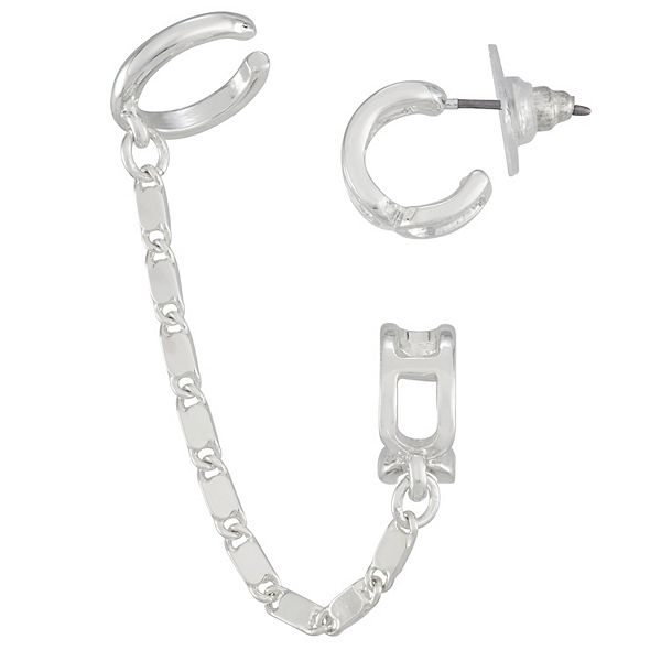 Nine West Silver Tone Mismatch Ear Cuff & Huggie Earring Set