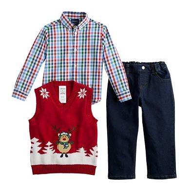 Toddler Boy IZOD Holiday Reindeer Sweater Vest, Shirt & Jeans Set